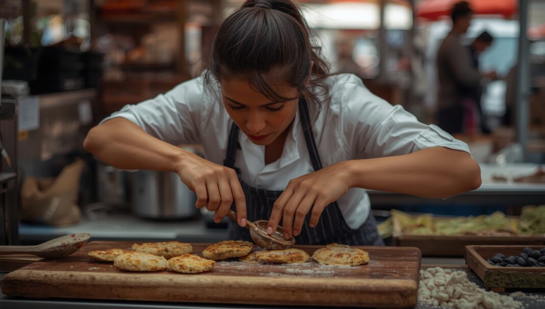 A female cook prepares tasty fish patties in Portugal